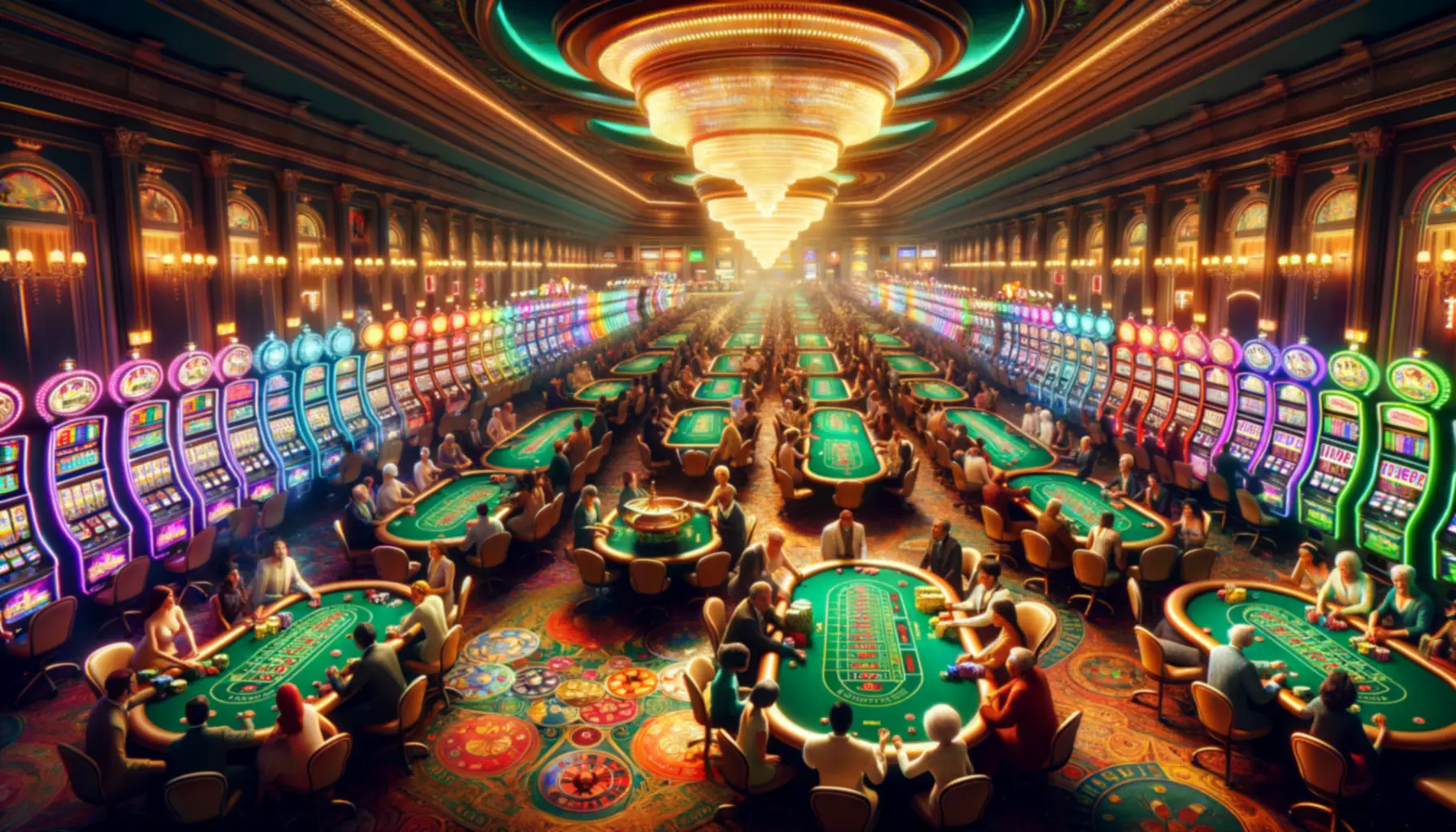 Luxurious casino interior with gaming tables and slot machines